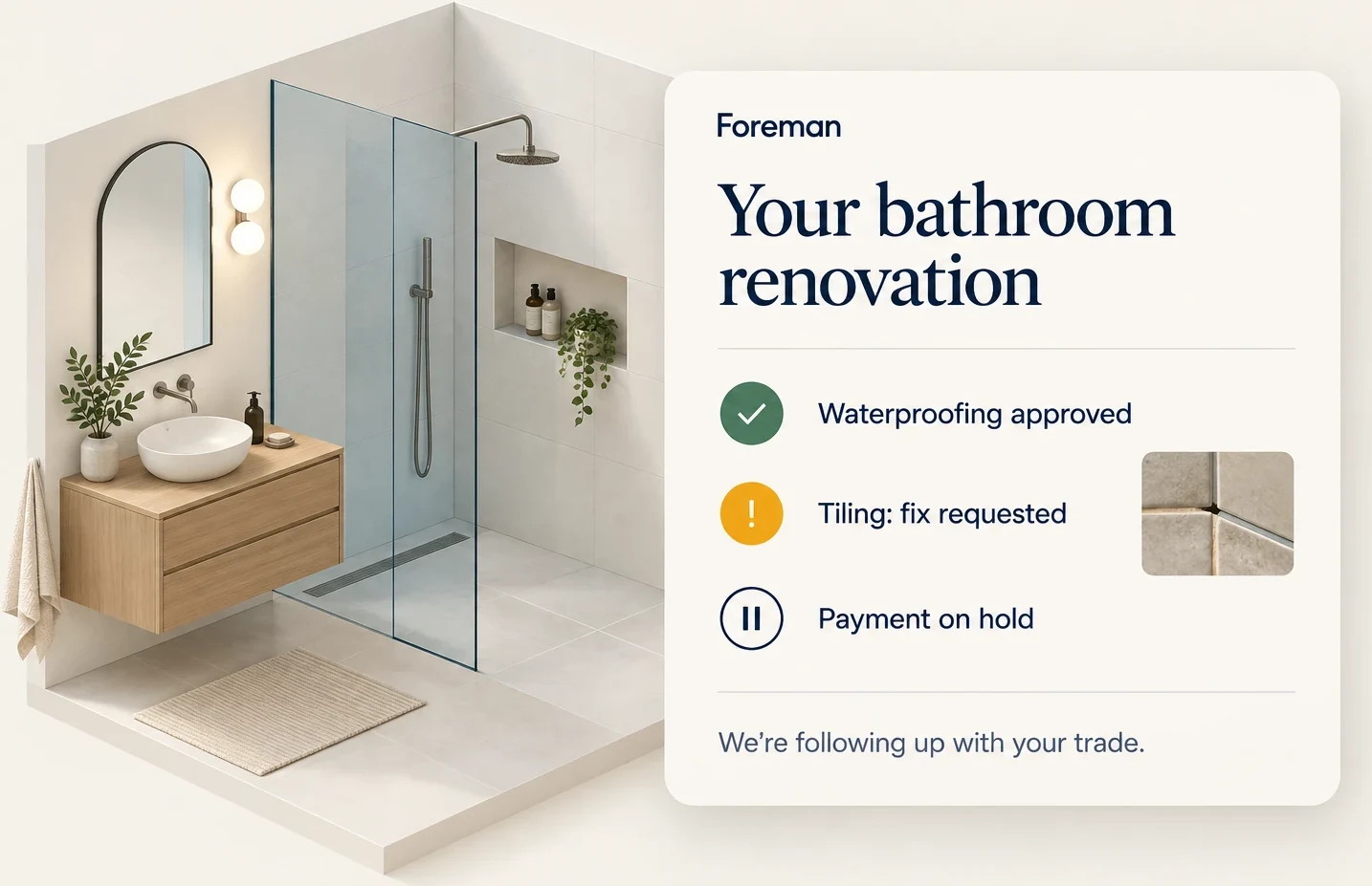 A renovated bathroom beside a Foreman status card: waterproofing approved, tiling fix requested, payment on hold while Foreman follows up with the trade