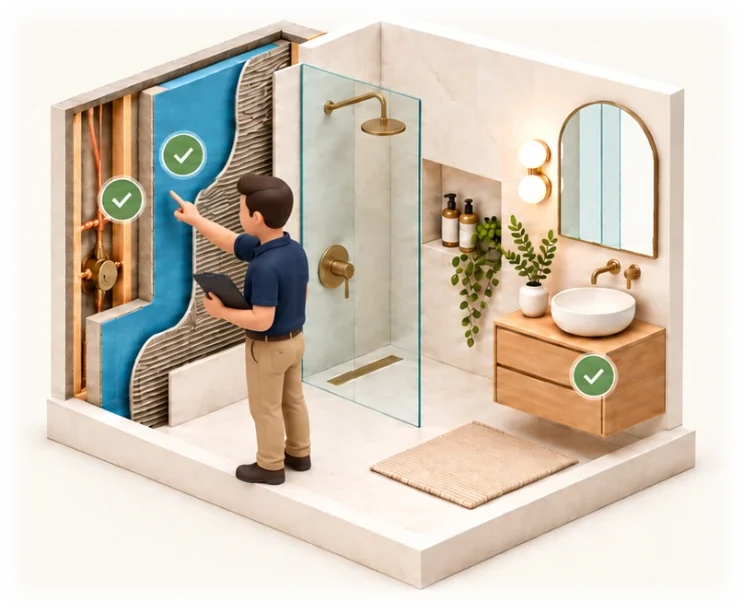 A Foreman inspector checking a bathroom cut away to show the pipes and waterproofing, each stage ticked as verified