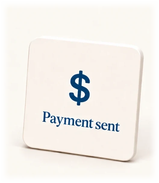 A card reading Payment sent