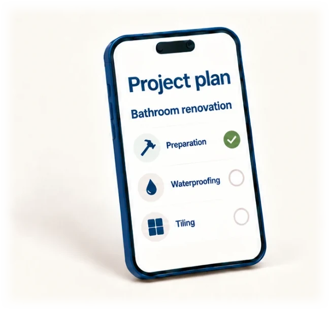 A phone showing the bathroom renovation project plan: preparation done, waterproofing and tiling to come