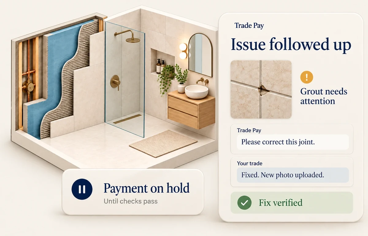 An example issue: a grout problem is raised with the trade, their response is recorded and the fix is verified while the payment waits.