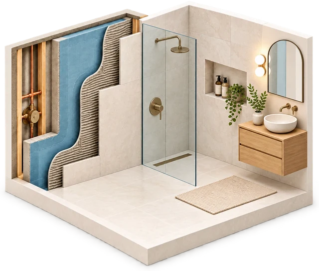 A bathroom cut away to show the hidden layers behind the tiles: copper pipes and framing, waterproof membrane and adhesive
