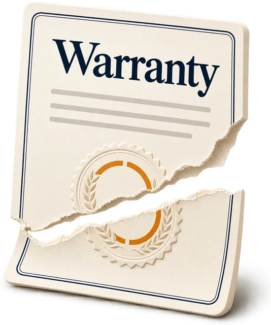 A warranty certificate torn in two through its seal